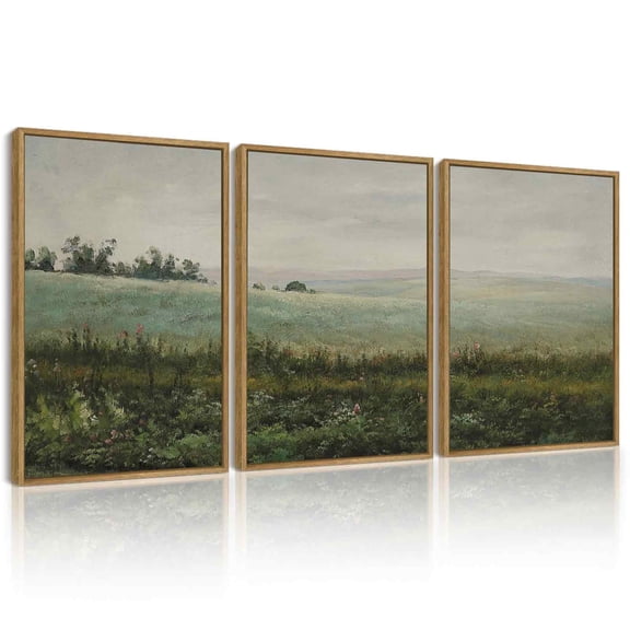 Drsoum Vintage Wall Art The Vast Grassland Landscape Painting Retro Meadow Scenery Farmhouse Kitchen Living Room Decor 12x16in3pcs Brown Framed