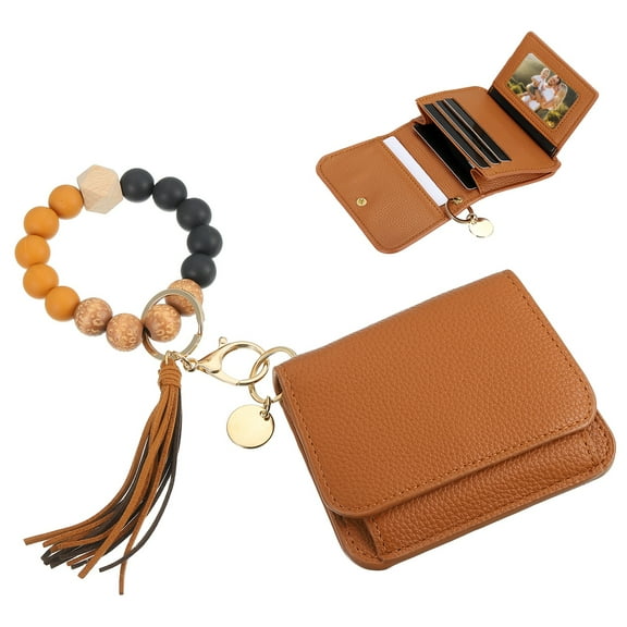 Uxcell Silicone Wooden Bead Bracelet Keychain Wallet for Women, Brown
