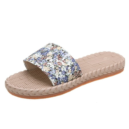 

Cathalem Ladies Fashion Small Floral Cloth Surface Open Toed Straw Woven Flat Bottom Beach Slippers Blue 39