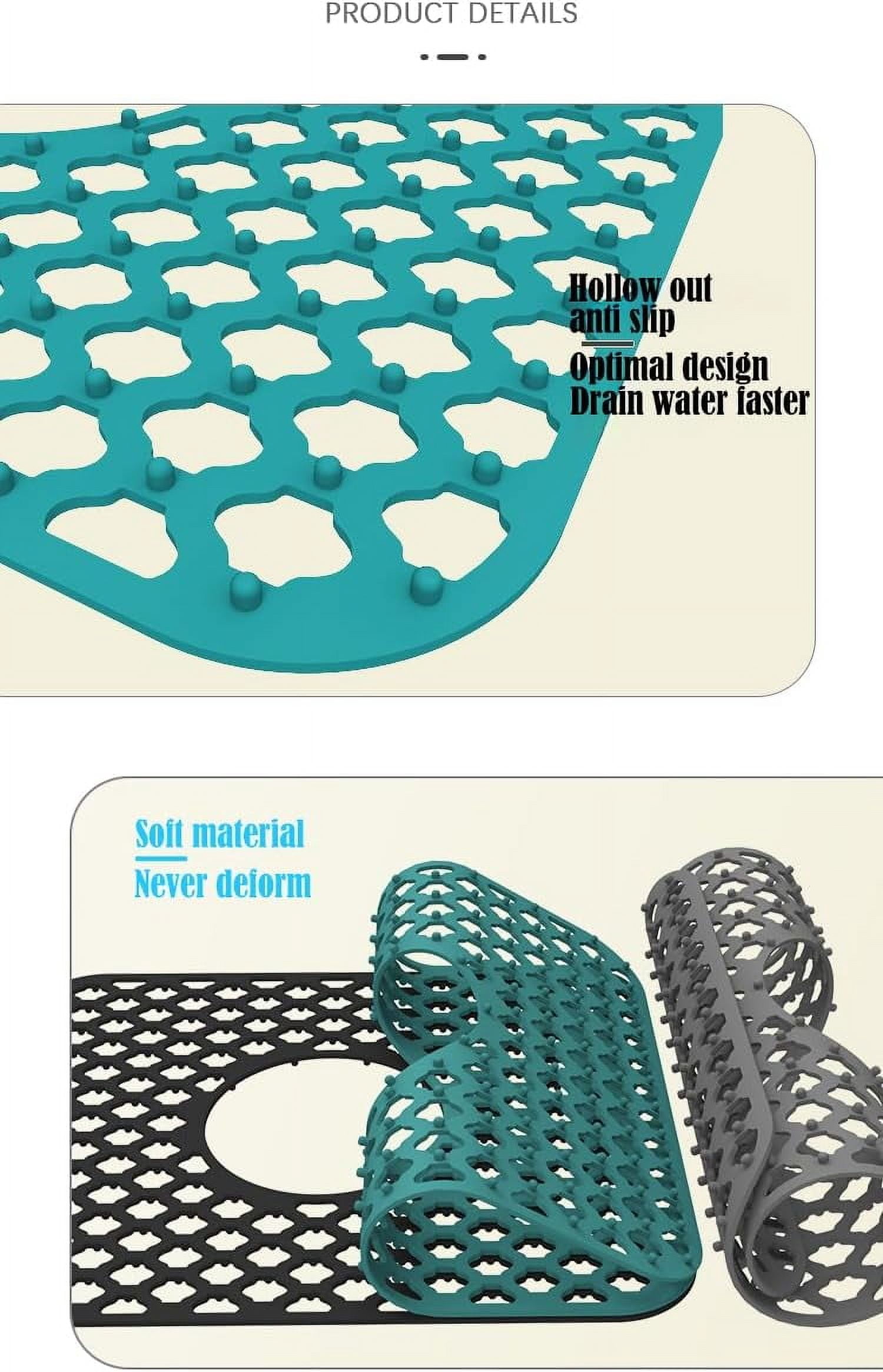 1PCS Kitchen Sink Mat, Anti Slip Silicone Drain Sink Protectors, Dishes Drying Mat Filter Mesh Grid Non-Slip Foldable for Bottom of Farmhouse Stainless Steel Porcelain Sink(Grey,Side Hole)