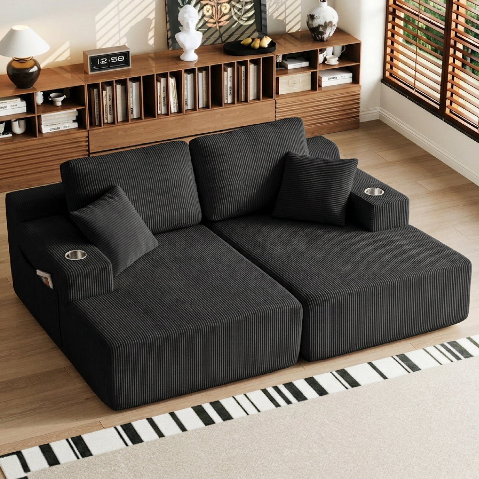 Leumius 130" U Shaped Sectional Couches with Chaise,Modern Deep Seat Boneless Corduroy Cloud Modular Sofa for Living Room,Black