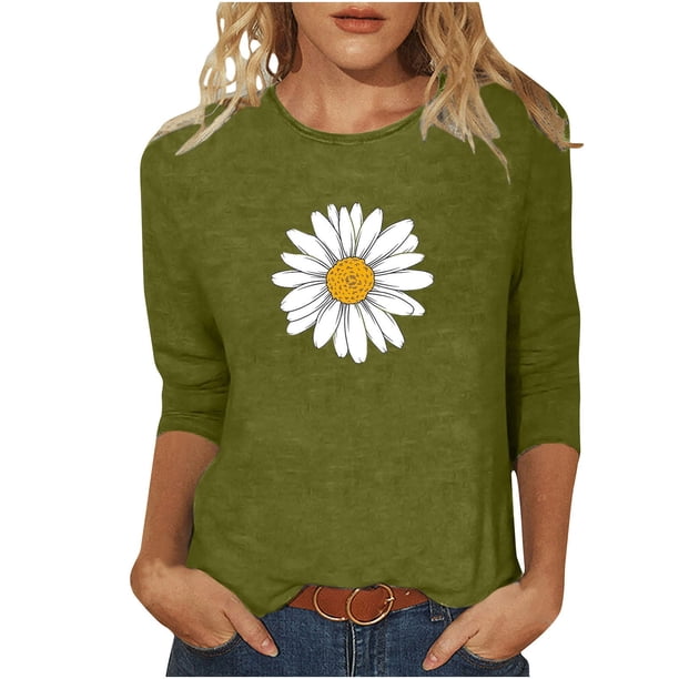 Camisetas Casuales de las Mujeres de Moda Impresa 3/4 Mangas Blusa Cuello Redondo para el Hogar Y Diario