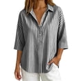 thumbnail image 4 of Qgtaibl Womens Striped Tunic Tops Trendy 3/4 Length Sleeve Lapel Half Button Down Shirts Lightweight Loose Fit Casual Blouse Black XL, 4 of 7