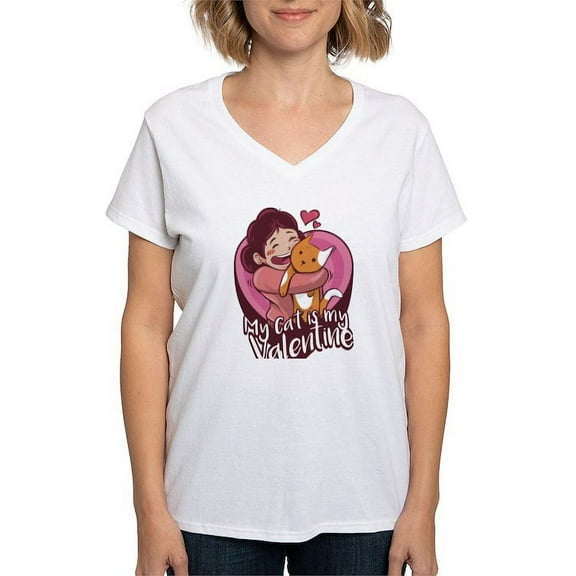 CafePress - My Cat Is My Valentine T Shirt - Womens Cotton V-Neck T-shirt