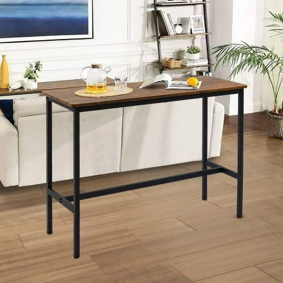 44.5" Bar Table With Adjustable Feet Floor Protector - Narrow Rectangular Pub Table, Kitchen Counter, High Top, Sofa Table With Black Metal Legs - Rustic Brown
