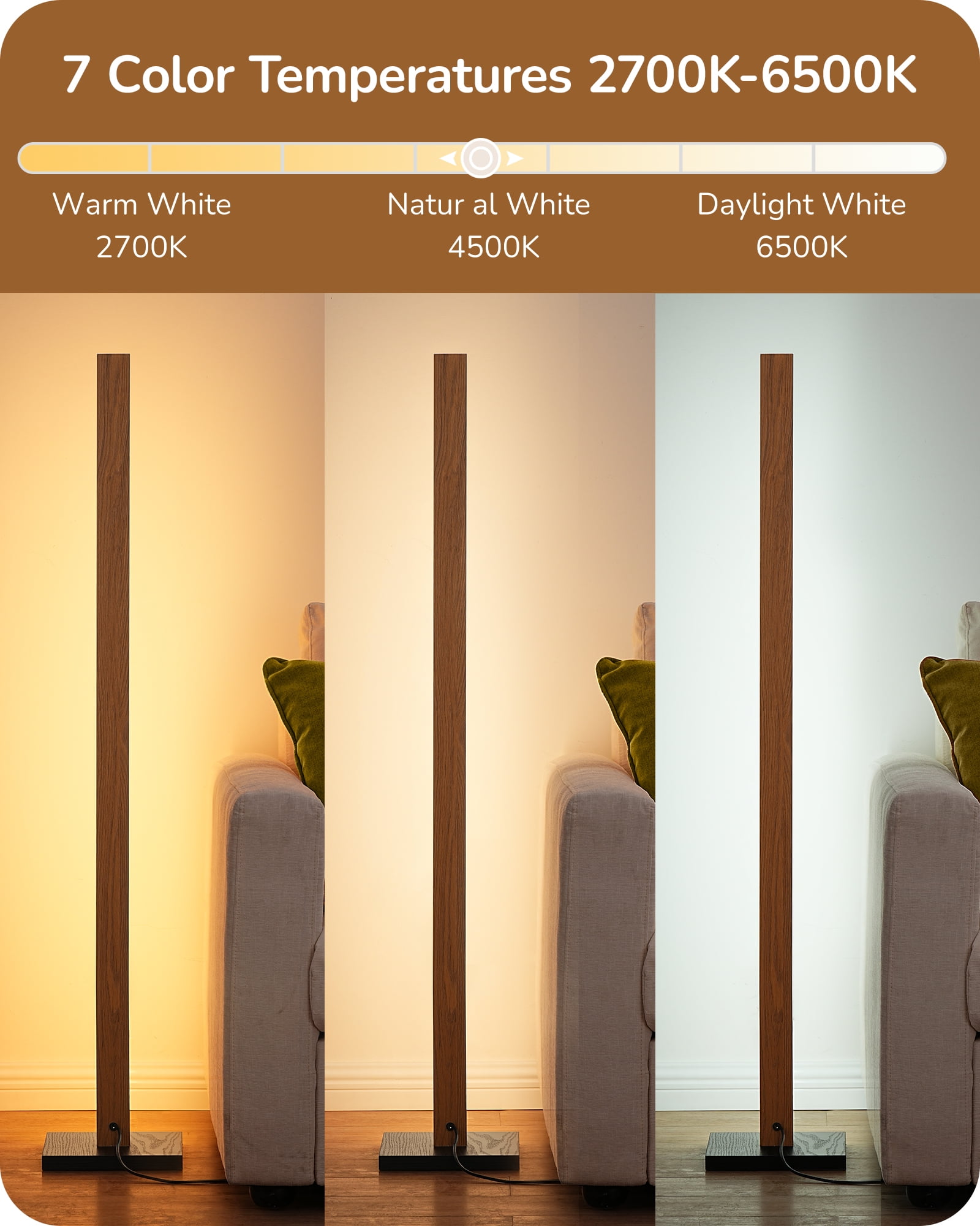 EDISHINE 48.43IN Mid-Century Modern Floor Lamps with Remote for Living Room , Dimmable, 7CCT, Wood LED Corner Light for Bedroom, Office, 2700K~6000K, Light Brown