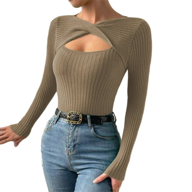 Jerséis de punto acanalado con aberturas y manga larga para mujer: corte ajustado, detalle de abertura en el pecho, poliéster, para fiestas o para el día a día, tallas S-XL