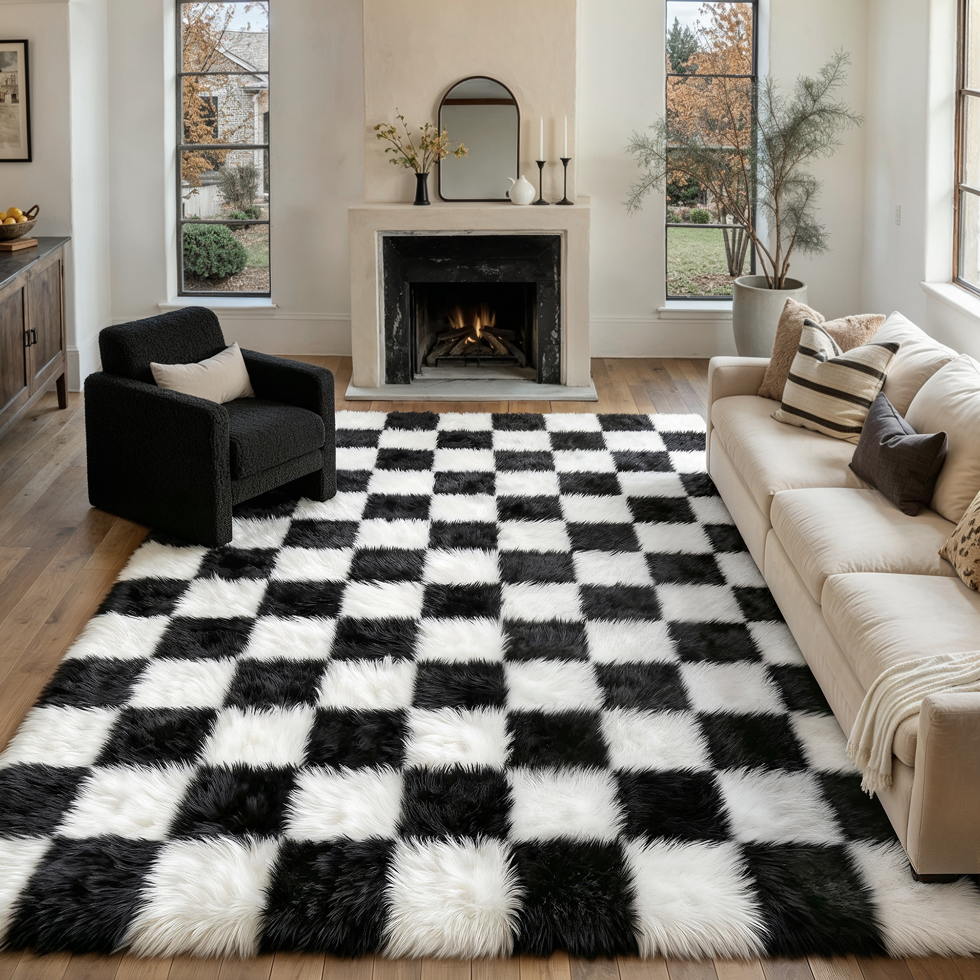 BERTHMEER 5'x8' Fluffy Checkered Area Rugs for Bedroom Living Room Dinning Room Soft Modern Geometric Plush Pile Ultra-Soft Rugs Carpets,Black White