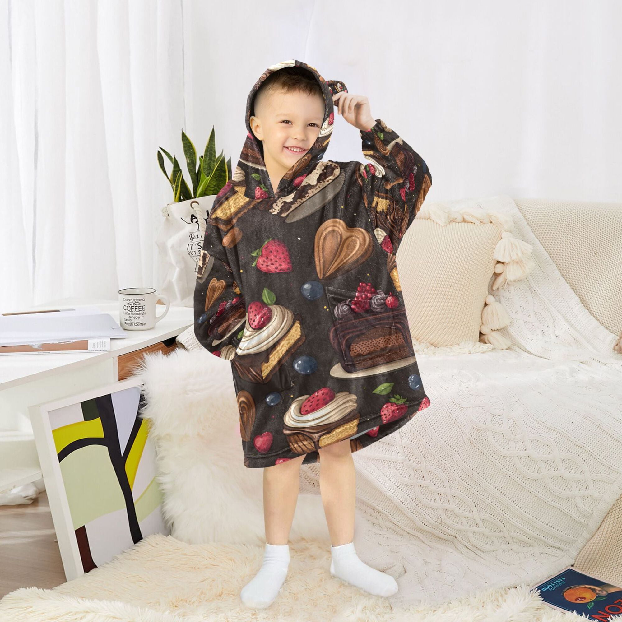 FORMRS Wearable Blanket Hoodie with Sleeves for Kids Cozy Flannel Sweatshirt, Chocolate Cakes