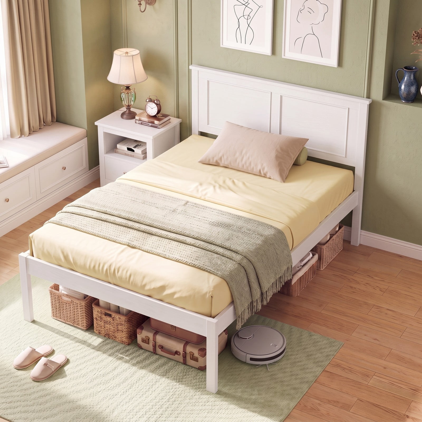 Furnibear Twin Bed Frame, Farmhouse Wood Platform Bed Frame with Paneled Headboard, Twin Bed Frame with Under Bed Storage for Bedroom, White