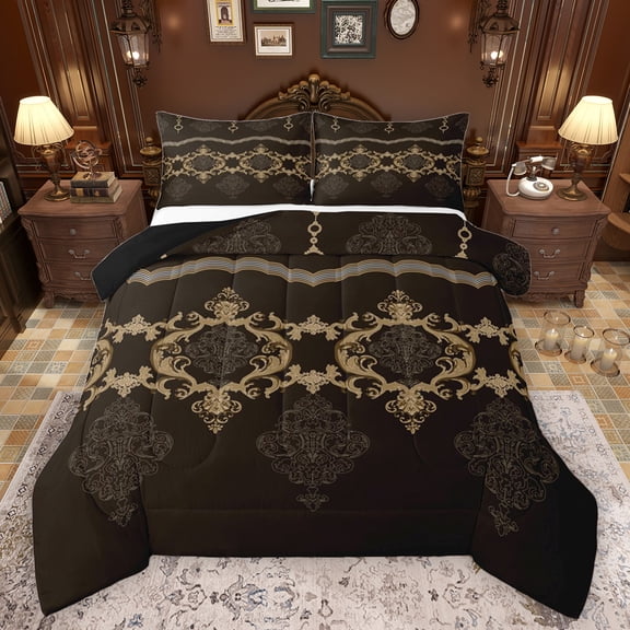 Feelyou Mystic Mandala Damask Queen Comforter Set, Bohemian Flower Brown Bedding Sets, Mid Century Fashion Reversible Bedding Comforter Set, Super Cozy Room Decor, 3 Pieces