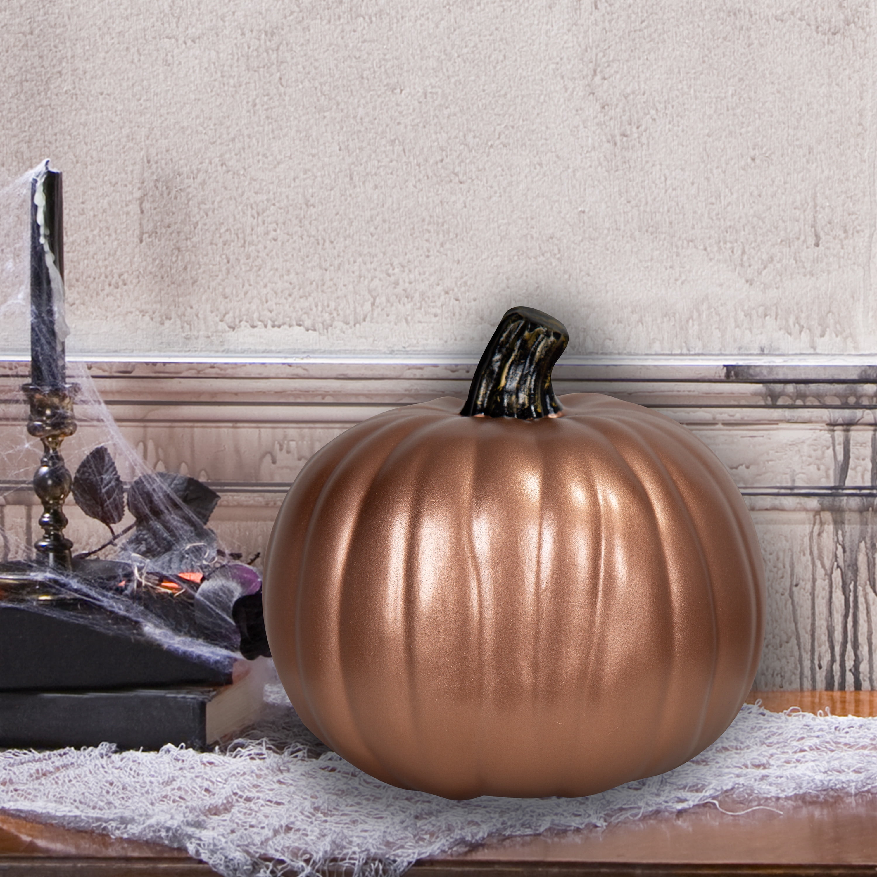 9-Inch Molded Copper Craft Pumpkin with Black Natural Stem for Outdoor Decor