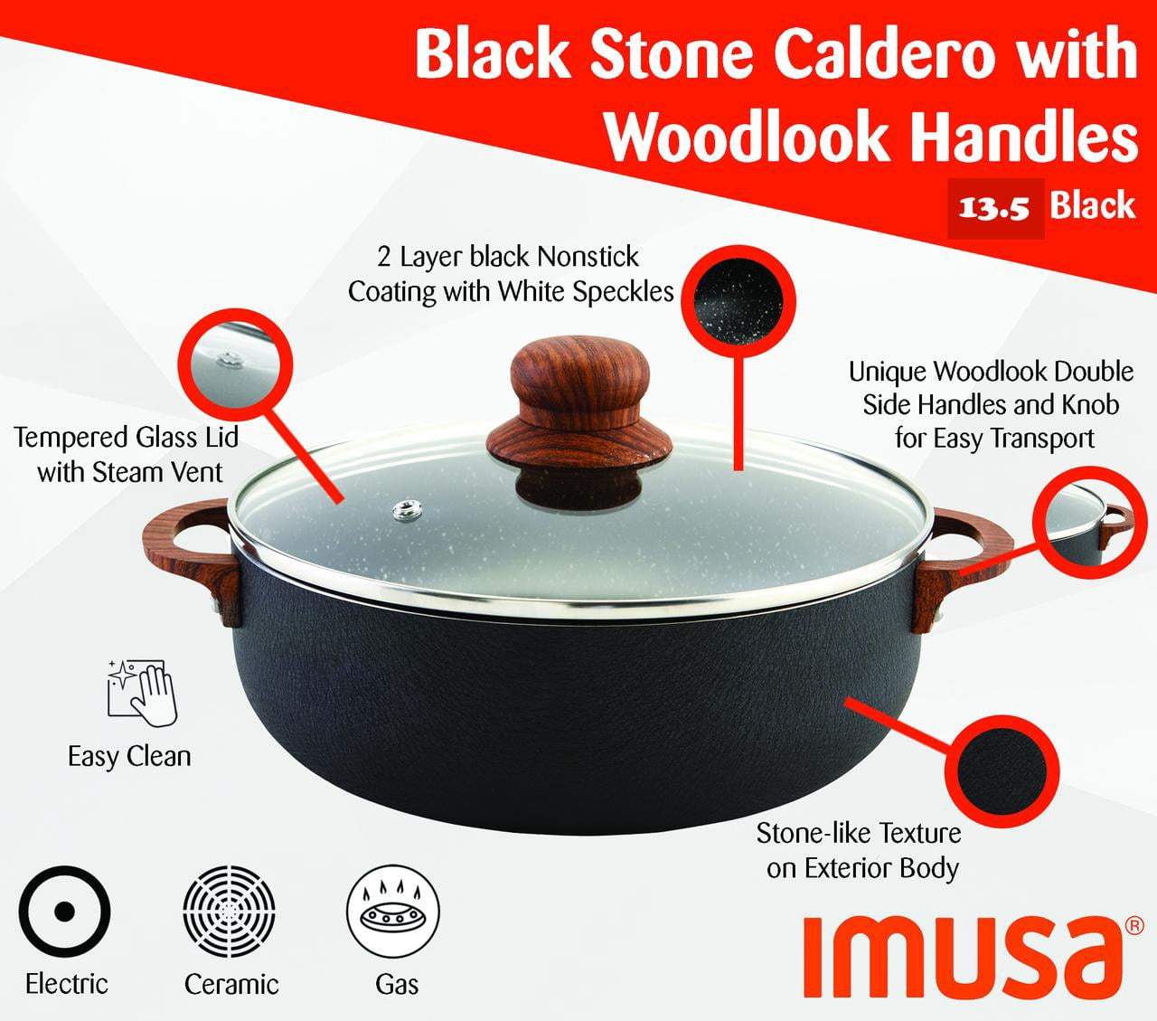 IMUSA 13.5qt Black Stone Aluminum Speckled Nonstick Caldero with Glass Lid & Wood Look Handles, Black