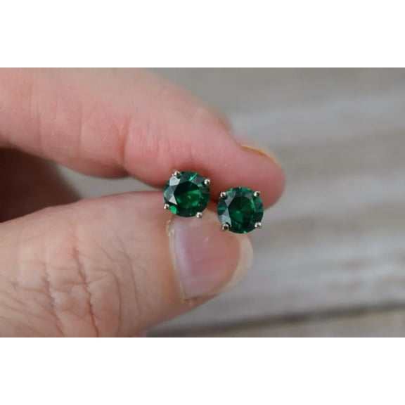 2CT Solitaire Green Emerald Stud Earrings for Women, 14K White Gold Plated 925 Sterling Silver, Push Back Classic Jewelry Gift