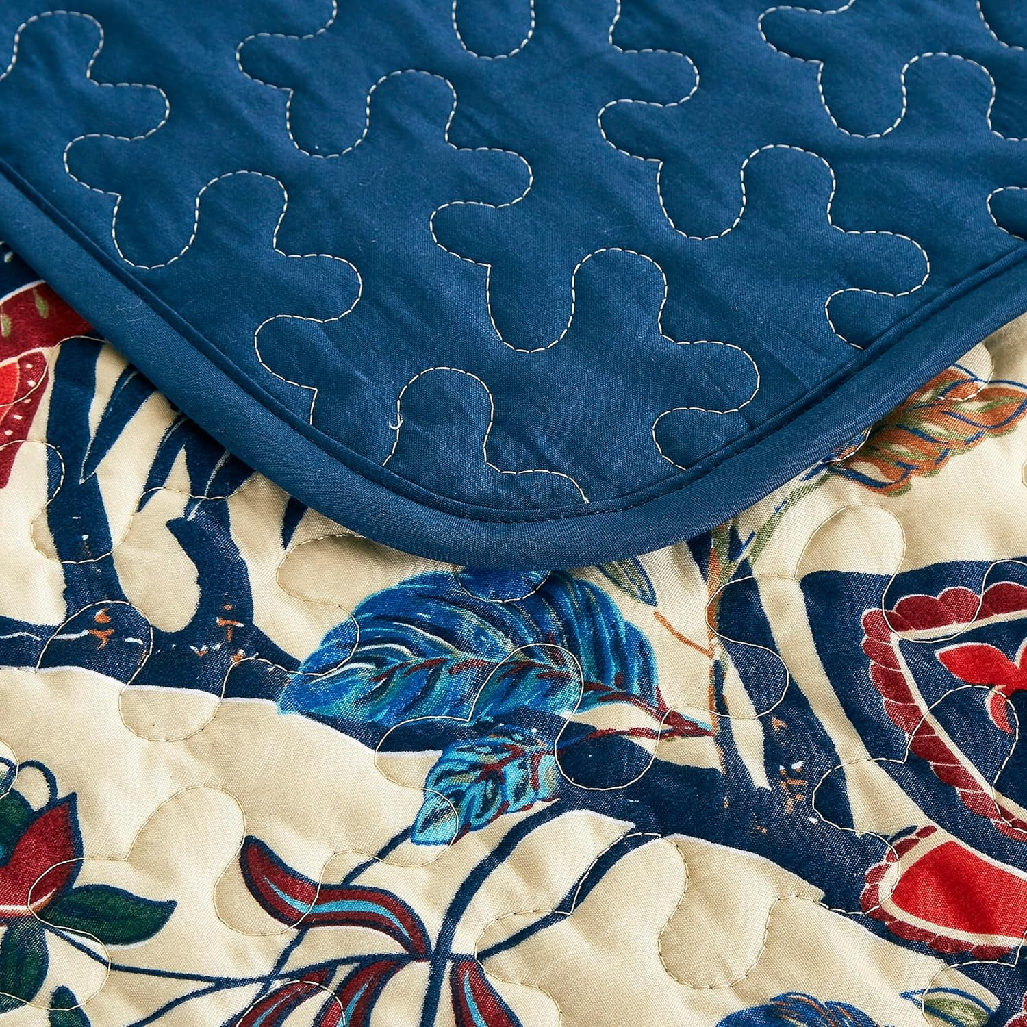Chezmoi Collection Paradise 3-Piece Floral Quilt Set King, Multicolor Blue Red Orange Cream Printed Microfiber Lightweight Bedspread Set for All season