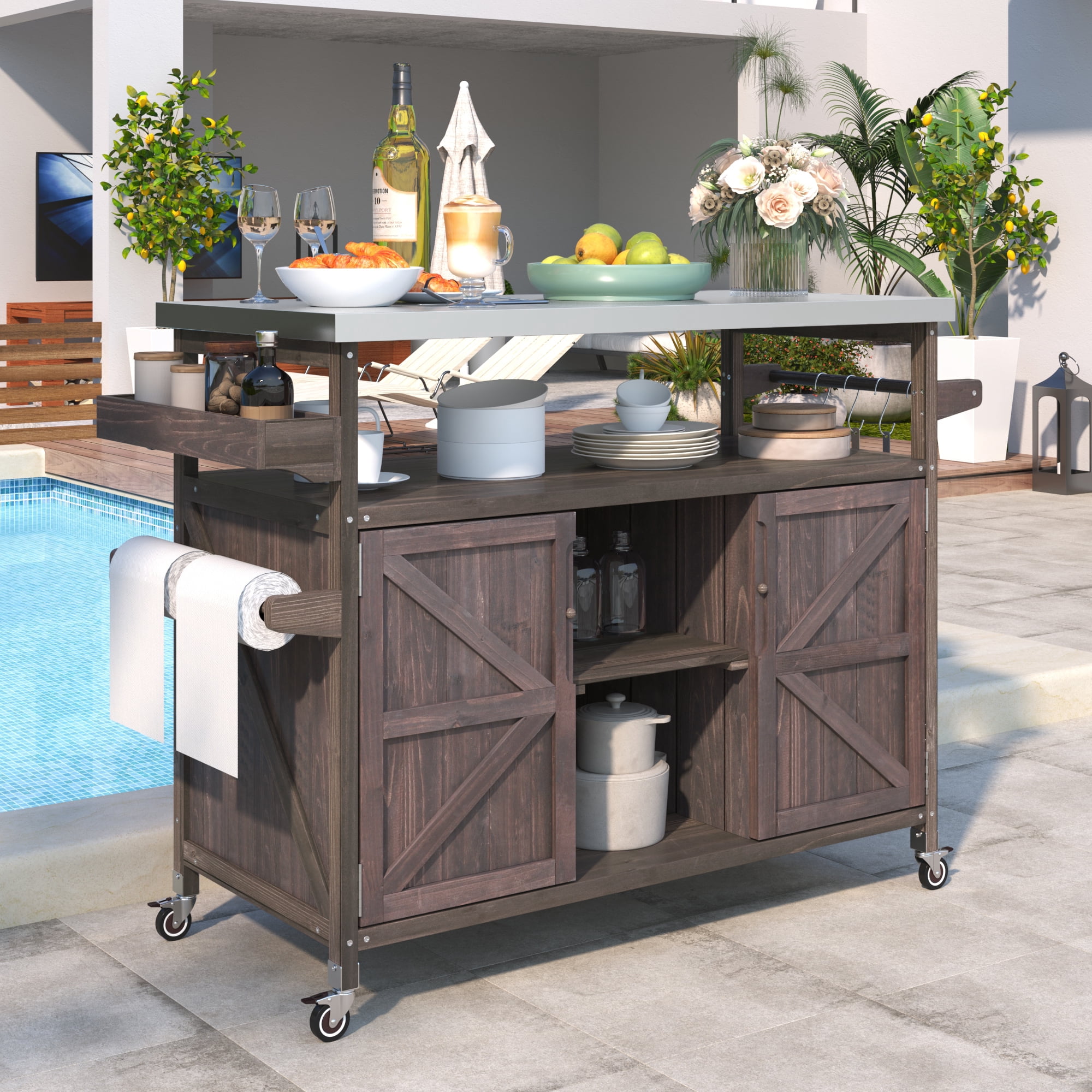 DEALTOPS Outdoor Kitchen Island, Rolling Bar Cart & Storage Cabinet, Farmhouse Solid Wood Outdoor Grill Table with Stainless Steel Top, Spice Rack , Towel Rack for Kitchen & BBQ-Dark Brown
