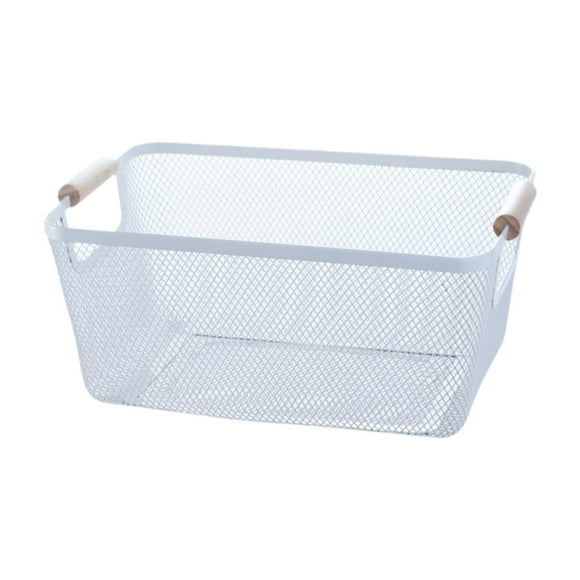 Cesta de almacenamiento de alambre de metal con asas de madera, contenedor de almacenamiento de malla portátil 36 cm x 22 cm x 21 cm