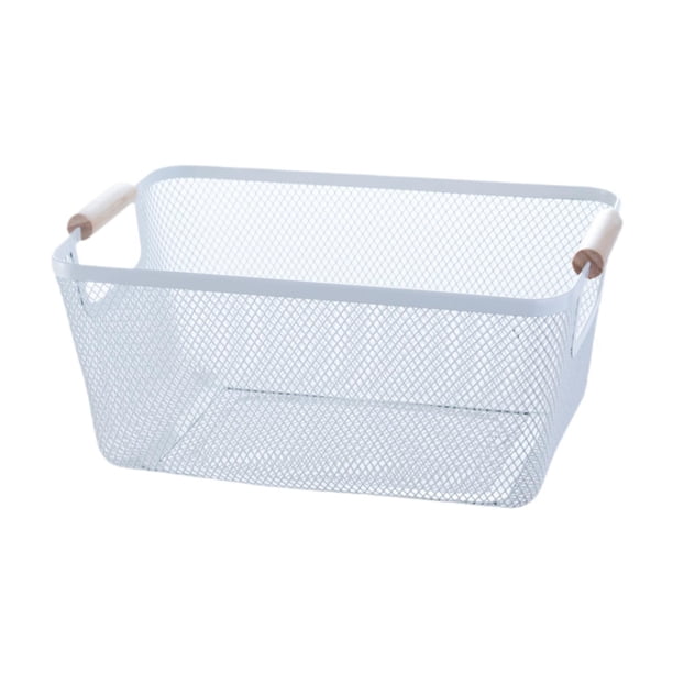 Cesta de almacenamiento de alambre de metal con asas de madera, contenedor rectangular, práctica 36 cm x 22 cm x 21 cm