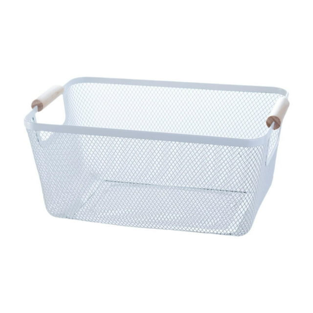 Cesta de almacenamiento de alambre de metal con asas de madera, contenedor de malla portátil para gabinete, despensa, regalos, refrigerios, maquillaje 36 cm x 22 cm x 21 cm