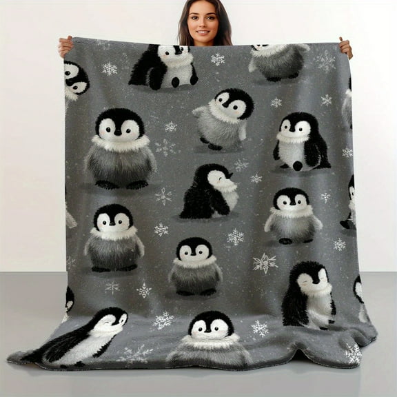 1pc Soft Touch Fluffy Penguin & Snowflakes Print Flannel Blanket - Cozy Retro Style, Warm Durable All-Season Mixed Colors, Adorable Cartoon Design for Bed, Couch, Camping & Home Decor, Bed And Couch