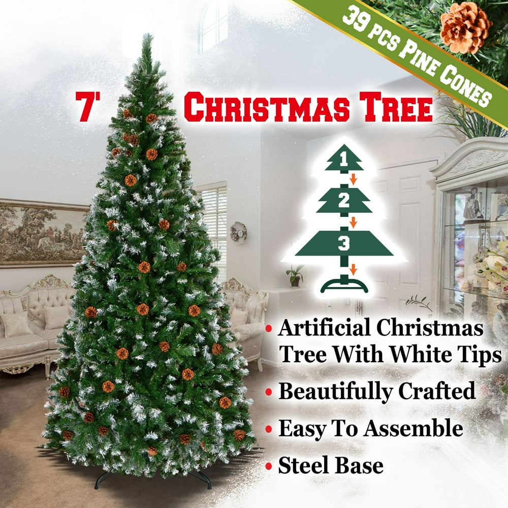 Sunrise Artificial 7' Snow Tipped Christmas Tree with Pine Cones and ...