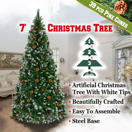Sunrise Artificial 7' Snow Tipped Christmas Tree with Pine Cones and Steel Stand -Unlit (7' with 1003 Tips and 39