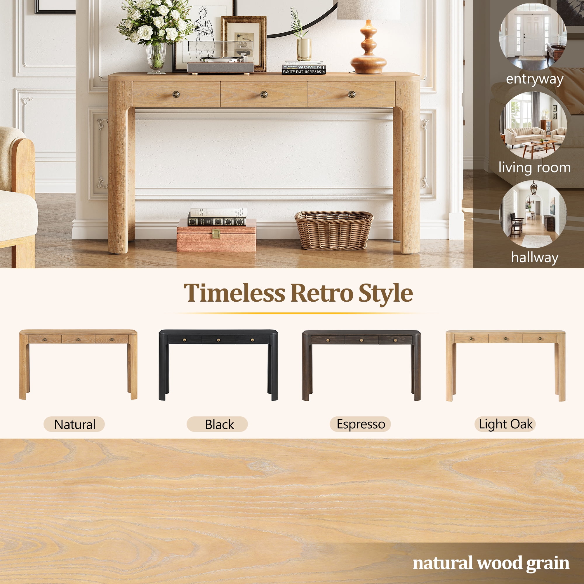 Aukfa 52" Console Table with Curved Corners, 3 Drawers & Thick Legs, Entryway Table for Living Room & Hallway, Light Oak