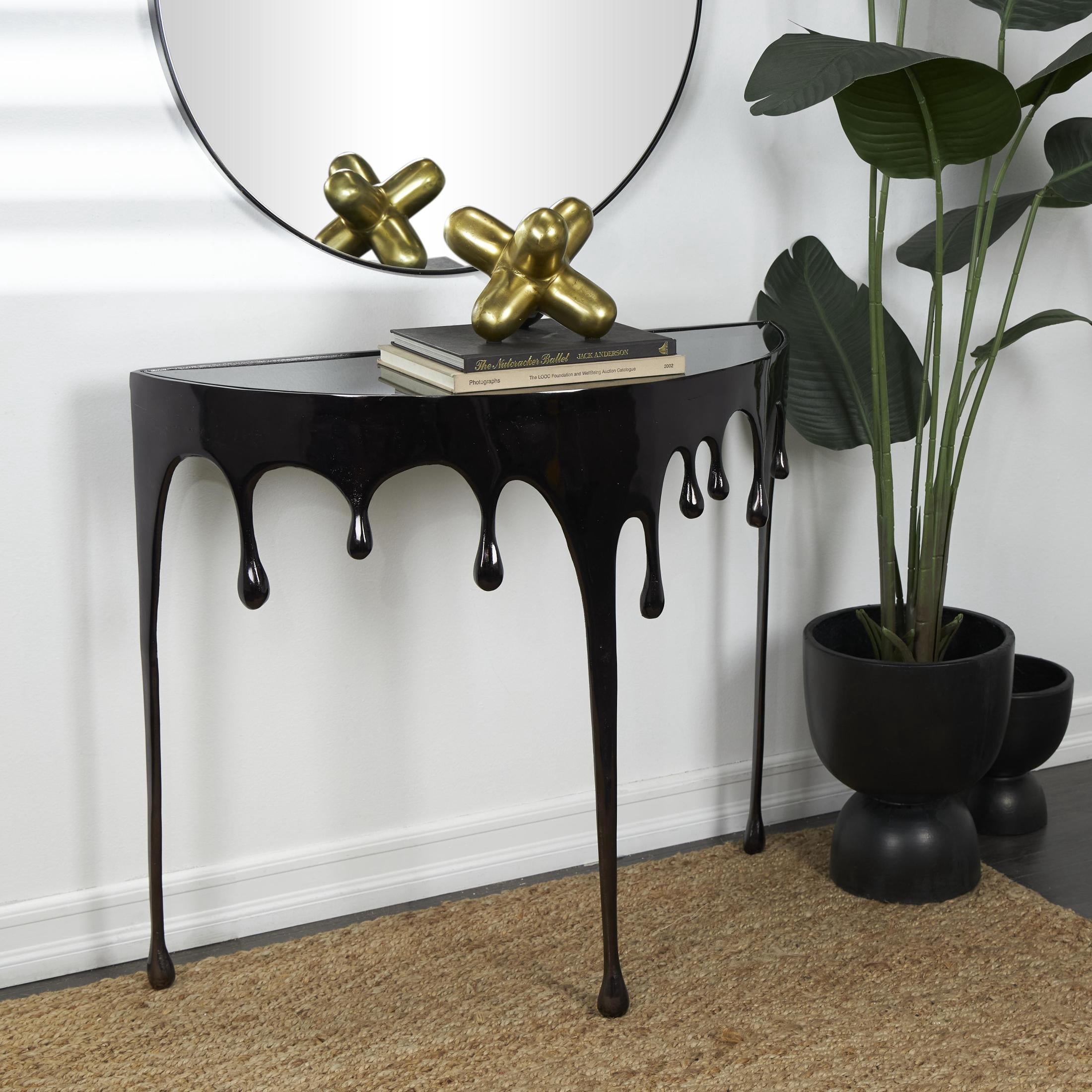 DecMode 36" x 32" Black Aluminum Metal Melting Drip Abstract Console Table with Glass Top, 1-Piece