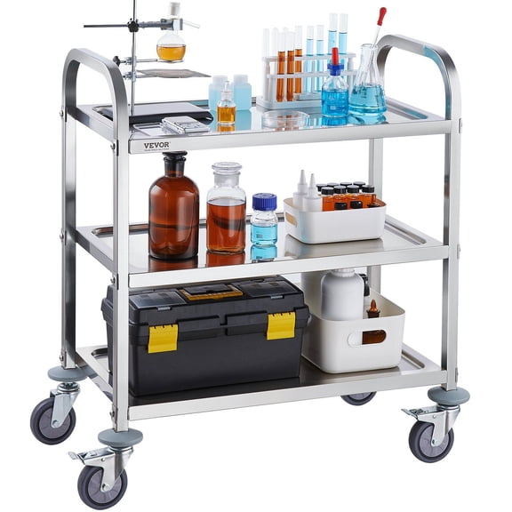 3-Shelf Stainless Steel Medical Cart on Wheels, 400 lbs Capacity, Lockable Casters for Lab Clinic Kitchen Salon, Heavy Duty Utility Cart