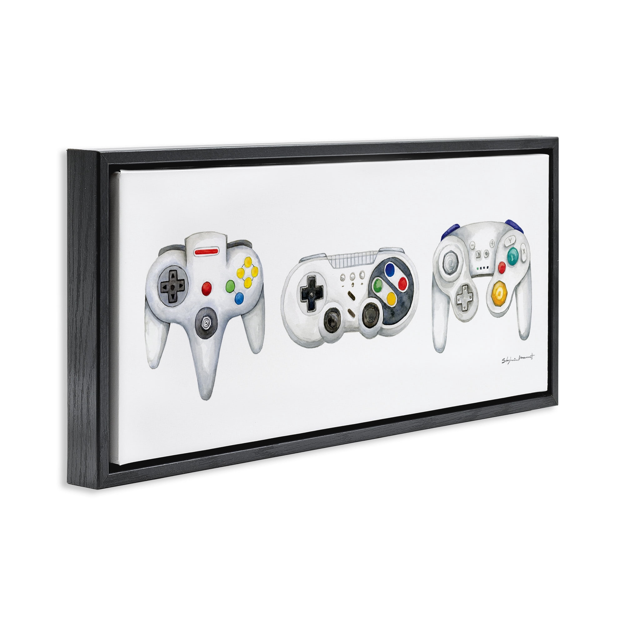 Stupell Industries Vintage Video Game Controllers Art for Kids Painting Black Floater Framed Canvas Art Print Wall Art, 31 x 14