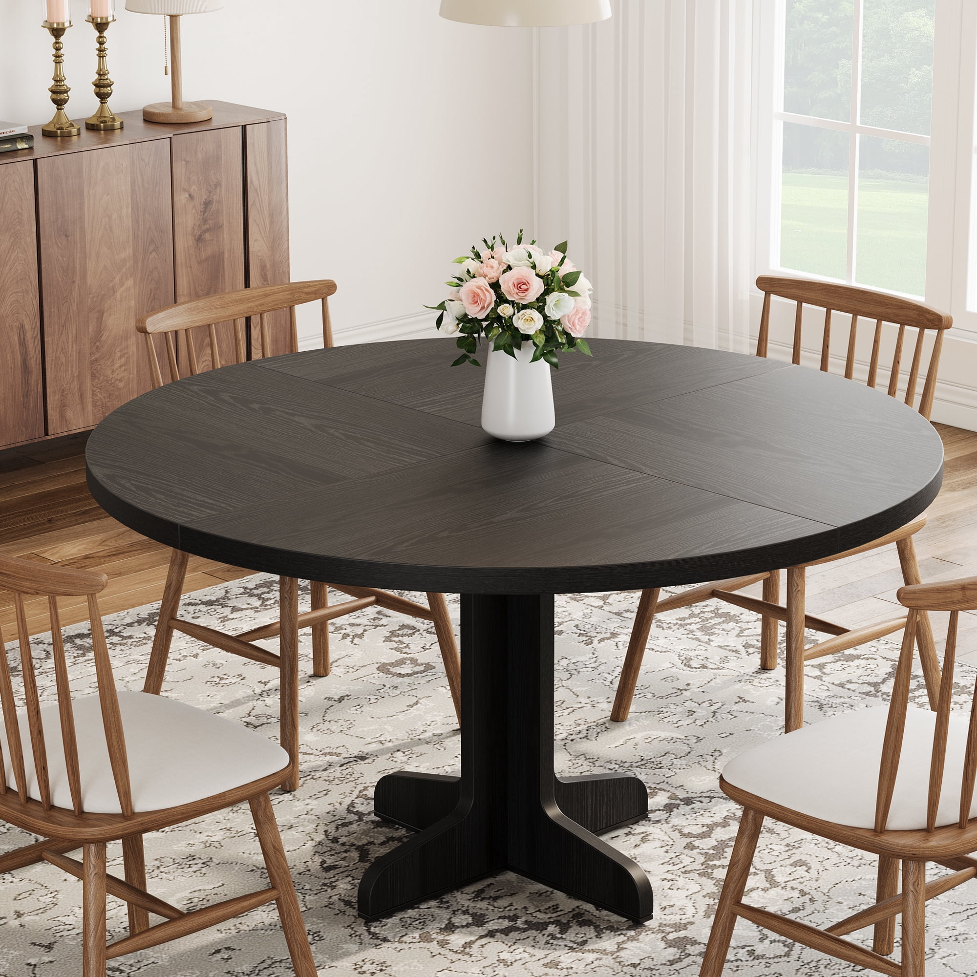 47 Inch Round Dining Table, Wood Kitchen Table, Dinning Room Tables for 4-6 People, Dinner Table with Wooden Tabletop and Legs for Dining Room Living Room (Only Table)