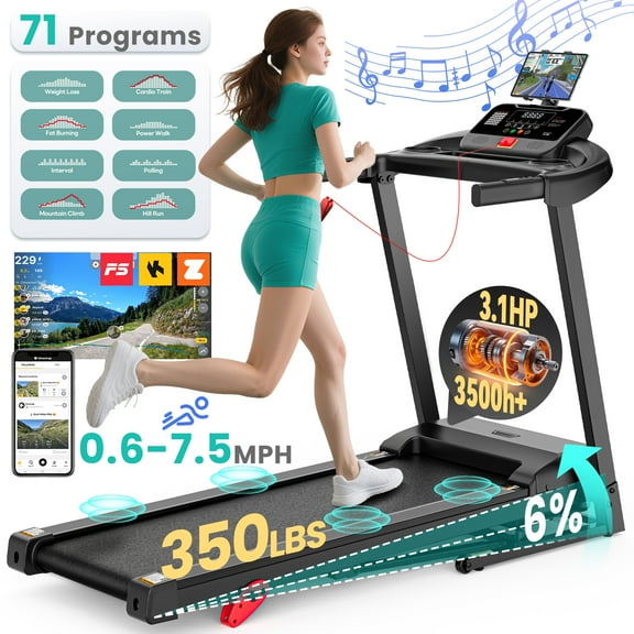 3.1HP Folding Treadmill, Electric Treadmill for Home 310LBS Capacity, Running Machine Fitness, 6% Manual Incline, APP Control, 71 Programs, Shock Absorption, 0.6-7.5MPH, Home&Office