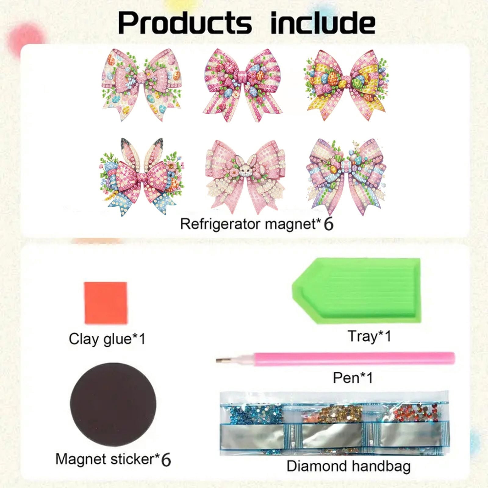 FLOPESN 6Pcs Holiday DIY Diamond Art Painting Refrigerator Magnet,Creative Design Easter St. Patrick's Day Acrylic Home Decors-Bow