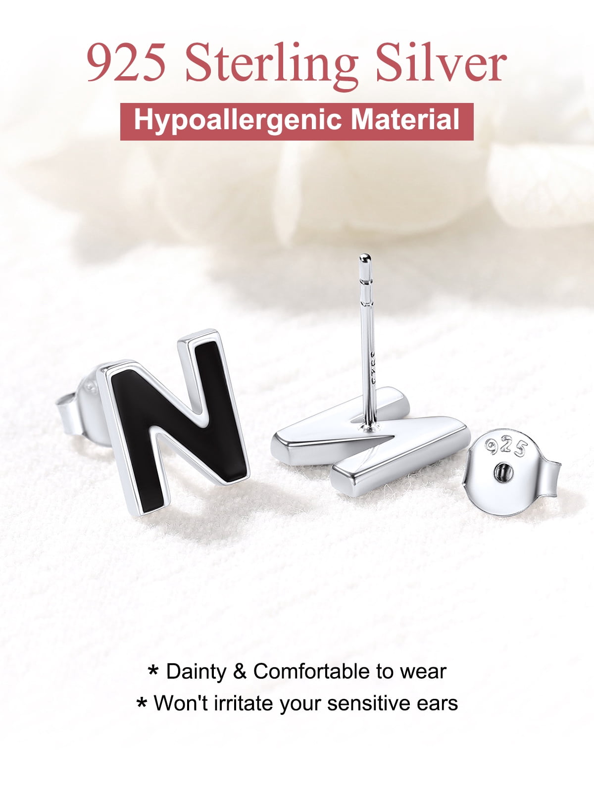 FOCALOOK 925 Sterling Silver Initial Earrings for Women Dainty Black Tiny Cute Letter S Hypoallergenic Minimalist Stud Earrings Jewelry Gift