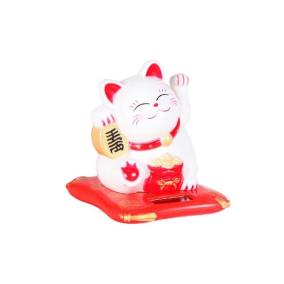 Small Cat Waving Arm Chinese Cat Statue for Home Office Car Decor Solar Energy Powered Chinese Feng Shui Cat Beckoning Cat - White