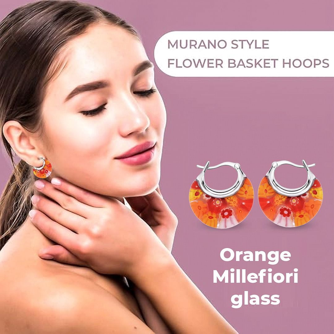 Glass Hoop Earrings for Women Dangle - Flower Fun Orange Earrings - Murano Style Jewelry Stainless steel Anniversary Birthday Christmas Gifts 11.6 Gms