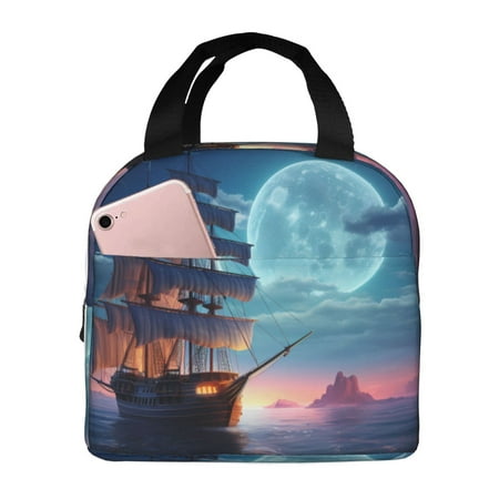 Insulated Lunch Bag for Women Men - Moonlit Night Sky Sailboat Leakproof Cooler Lunch Box for Women Men  Lunch Tote Bags for Work School Picnic Travel