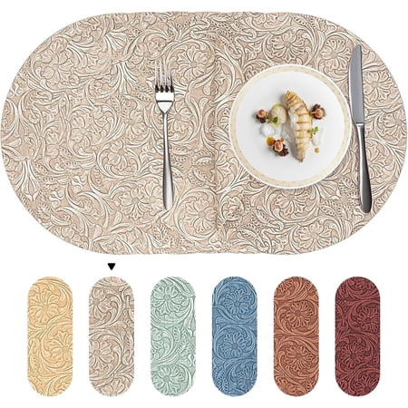 PROMATTOO Round Floral Embossed Placemats Set of 6,Faux Leather Waterproof Dining Mat,Beige Cream