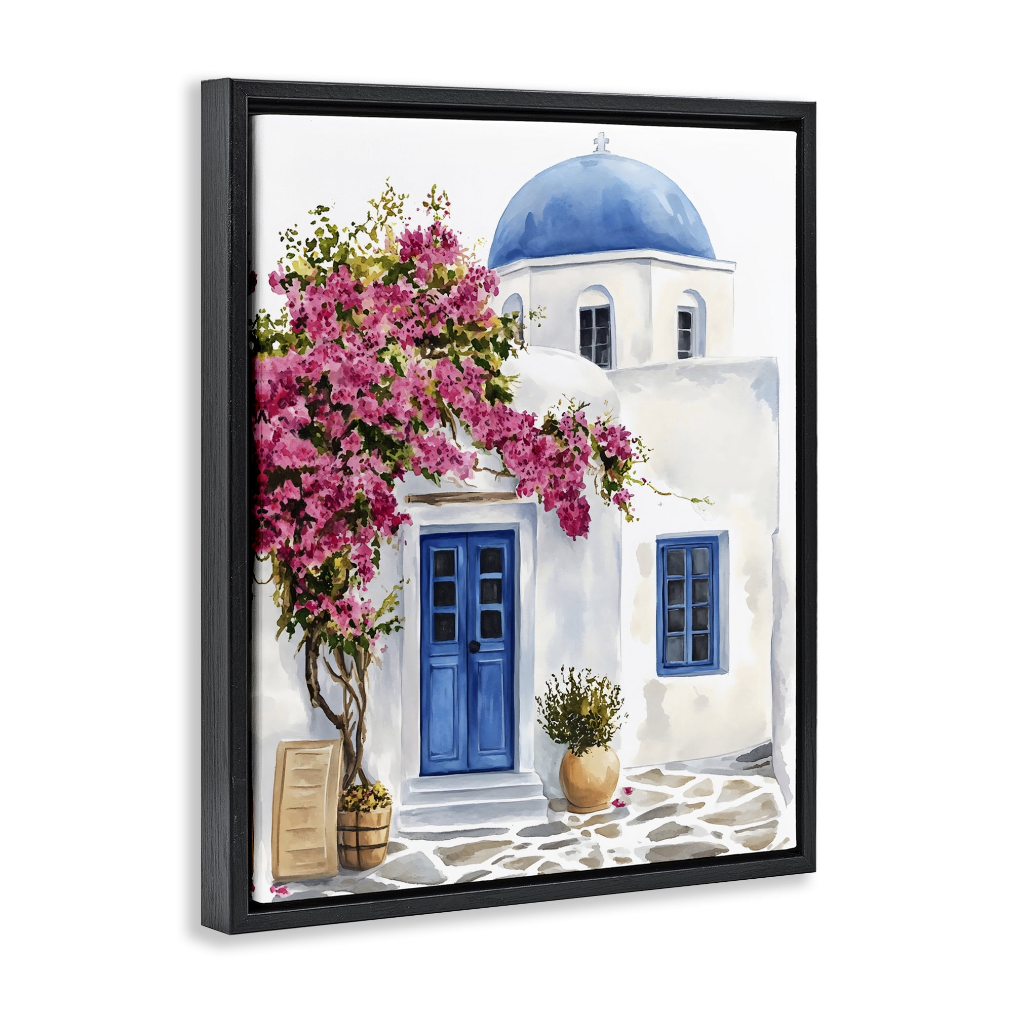 Stupell Industries Santorini House with Bougainvillea Black Framed Floater Canvas Wall Art, design by LSR Design Studio