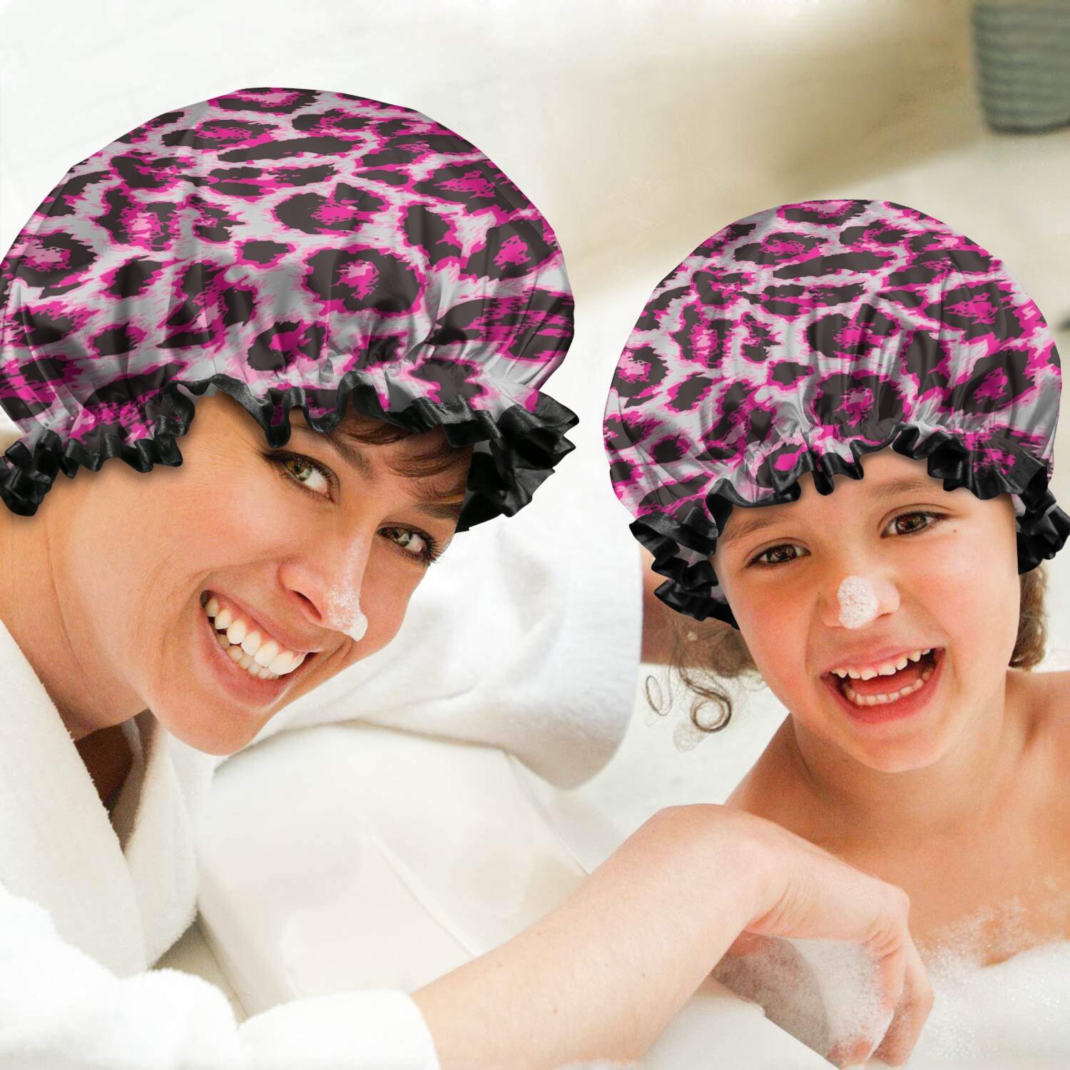 Shower Caps,Pink and Gray Of Leopard Print Waterproof Shower Cap for Women 4 Pieces,Double Reusable Hair Cover for Shower PEVA Elastic Stretch Hem