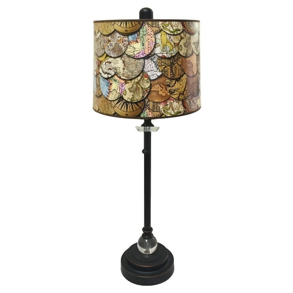 Royal Designs 28" Crystal and Oil Rub Bronze Buffet Lamp with Vintage Old World Maps Design Hard Back Lamp Shade