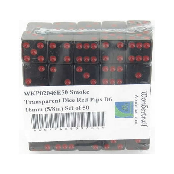 Smoke Transparent Dice with Red Pips Square Corners D6 16mm (5/8in) Set of 50 Wondertrail