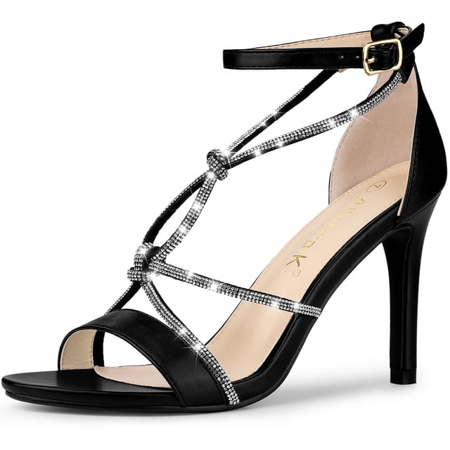 Sandalias de tacón de aguja con correa de nudo de diamantes de imitación Allegra K Negro 36