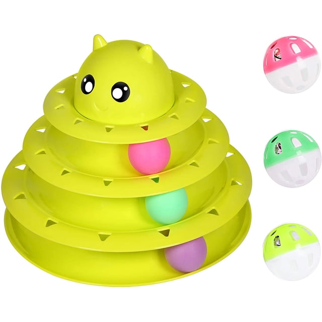 Cat Toy Roller 3-Level Turntable Cat Toy Balls with Six Colorful Balls Interactive Kitten Fun Mental Physical Exercise Puzzle Toys Green