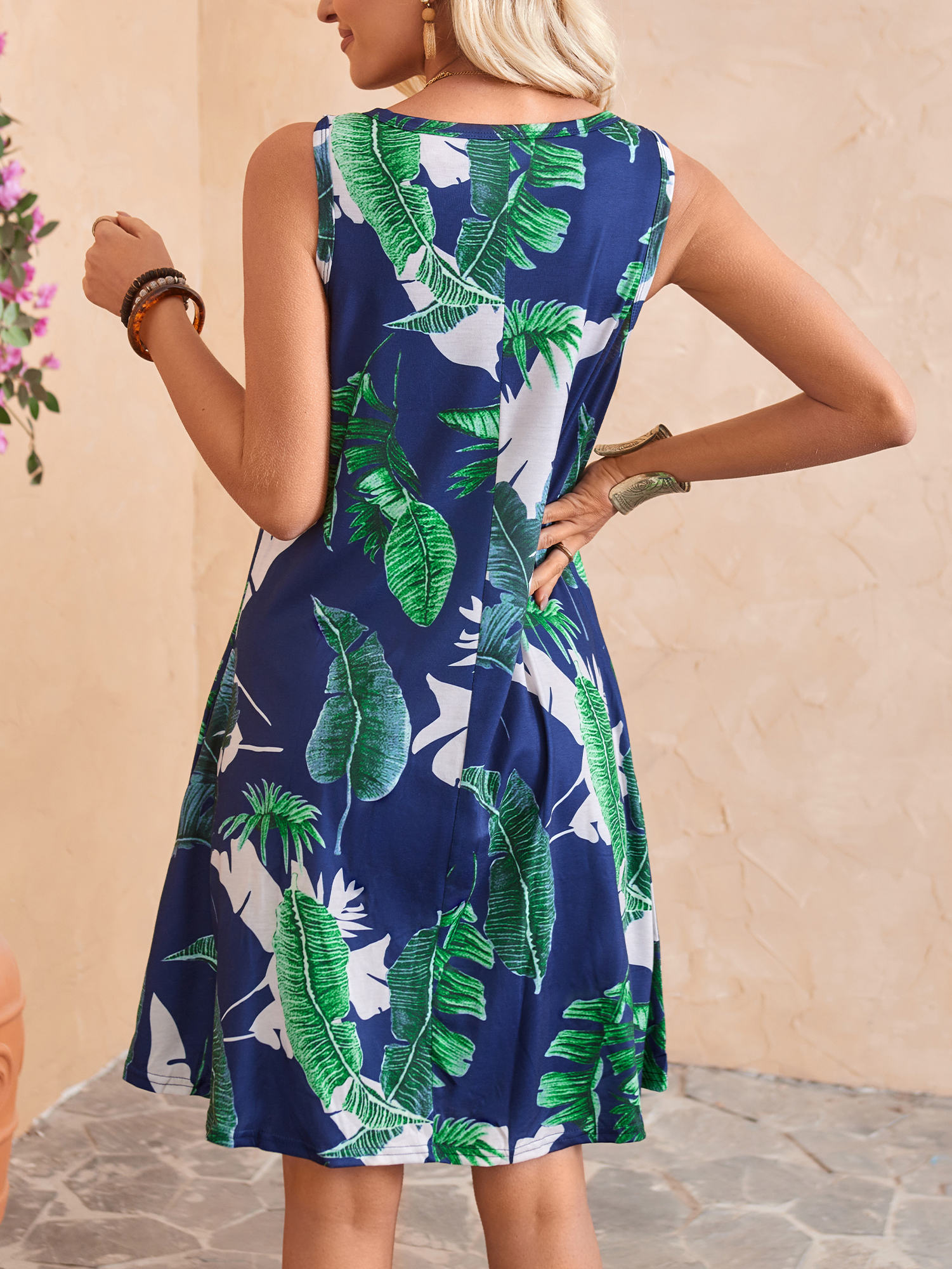 Fancyglim Women's Summer Tank Dress with Pockets, Blue Leaf photo 4