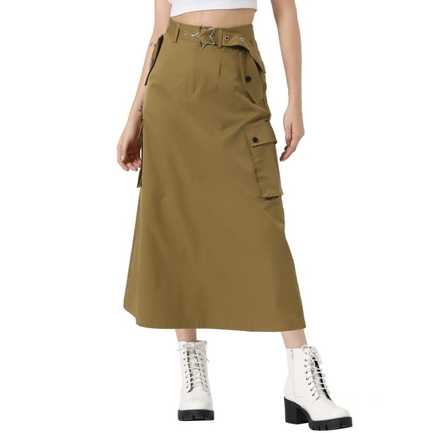 Falda Cargo para Mujeres INSPIRE CHIC con Cierre Midi de Longitud con Bolsillos Cintura Alta Moda Callejera Faldas Casual