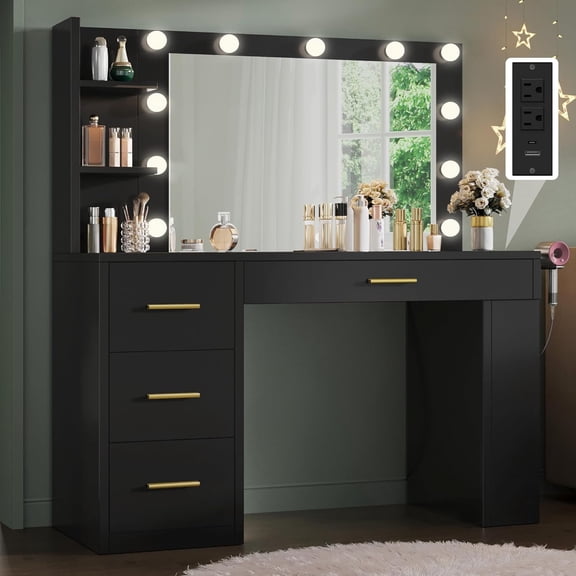 Vanity Desk with Mirror and Lights, Makeup Table with Charging Station, Large Vanity Set