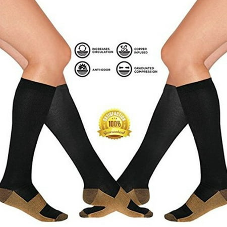 2 Pair Copper Compression Socks Black Knee High for Women & Men Anti Order Nursing Compression Socks FREE Eyeglass Pouch by As Seen on TV
