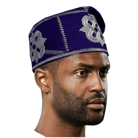 Royal-Blue and Silver Embroidered African Hand woven Aso Oke Hat