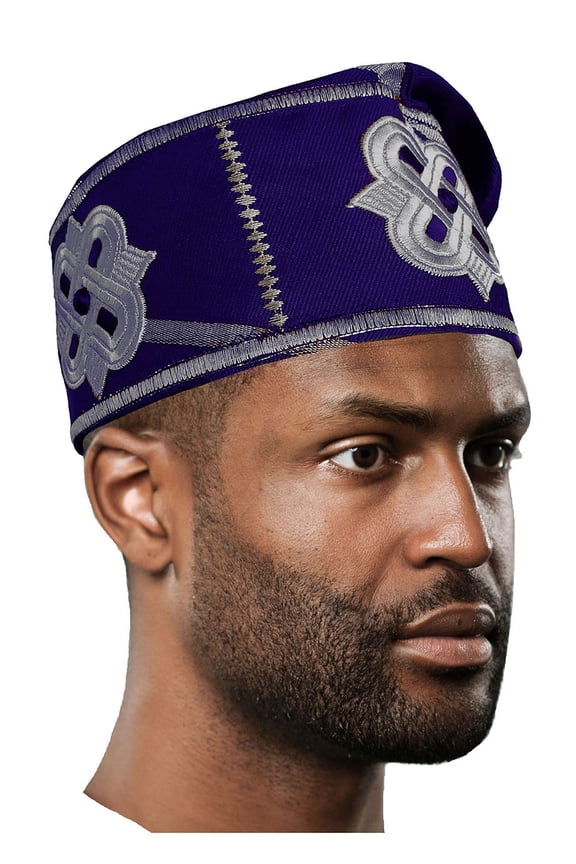 Royal-Blue and Silver Embroidered African Hand woven Aso Oke Hat
